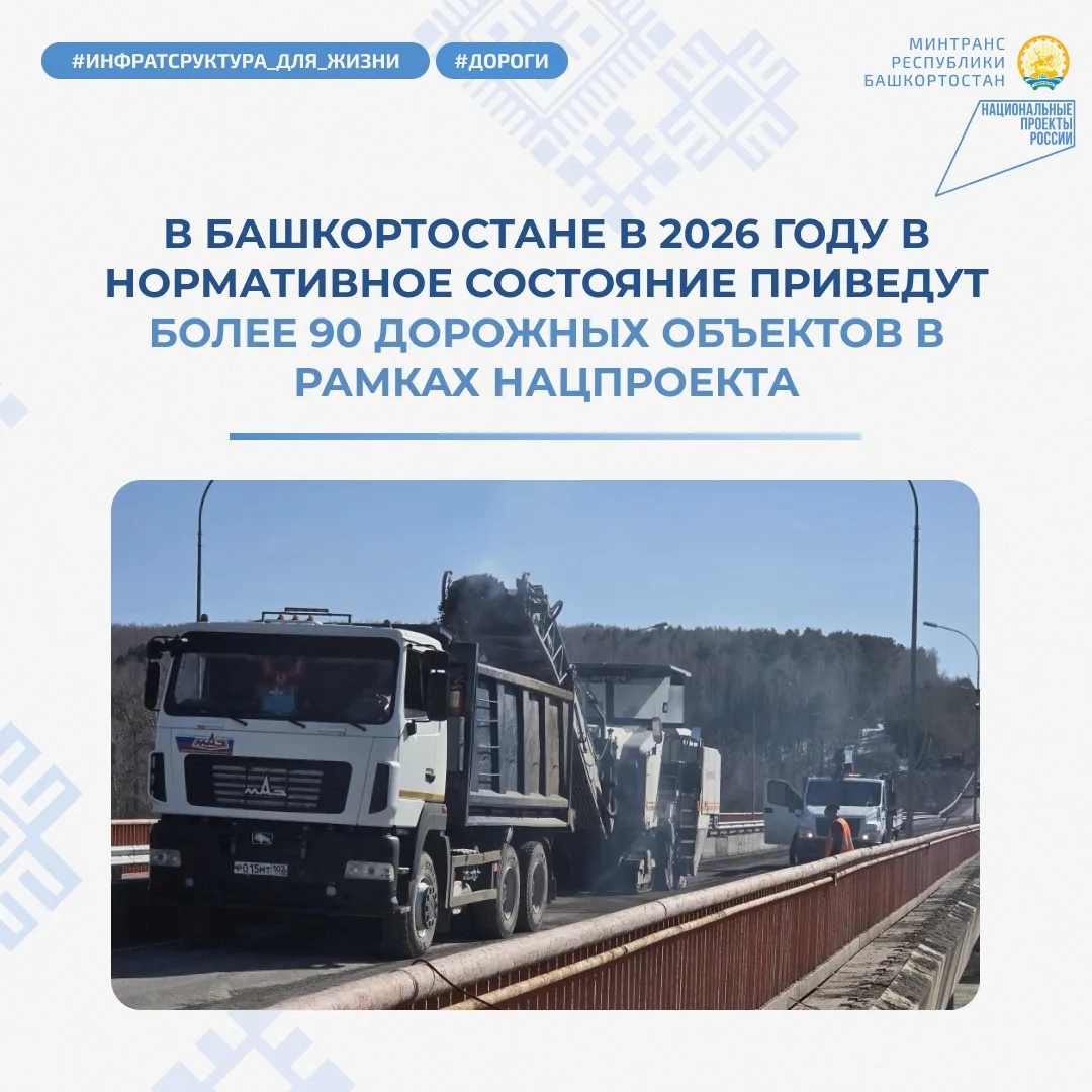 В Башкортостане в 2026 году в нормативное состояние приведут более 90 дорожных объектов в рамках национального проекта «Инфраструктура для жизни»