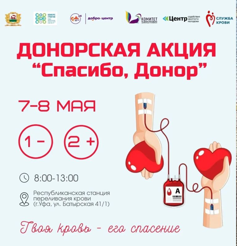 Сделай добро. 8 мая в Республиканской станции переливания крови пройдёт второй день донорской акции «Спасибо, донор» от Добро.Центр Уфа Особенно нужны доноры первой отрицательной (I-) и второй положительной (II+) группы крови